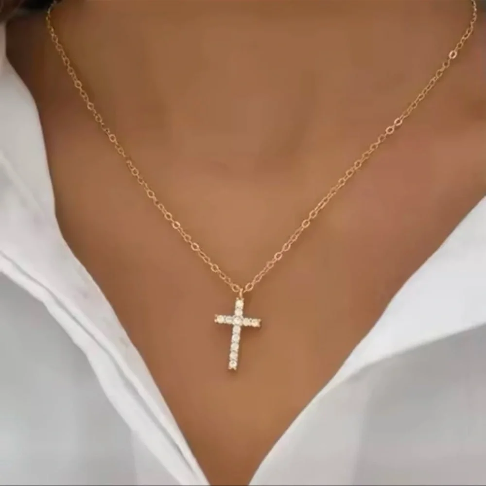 Gold Cubic Zirconia Cross Pendant Necklace for Women - Christian Faith - Picture 7 of 9
